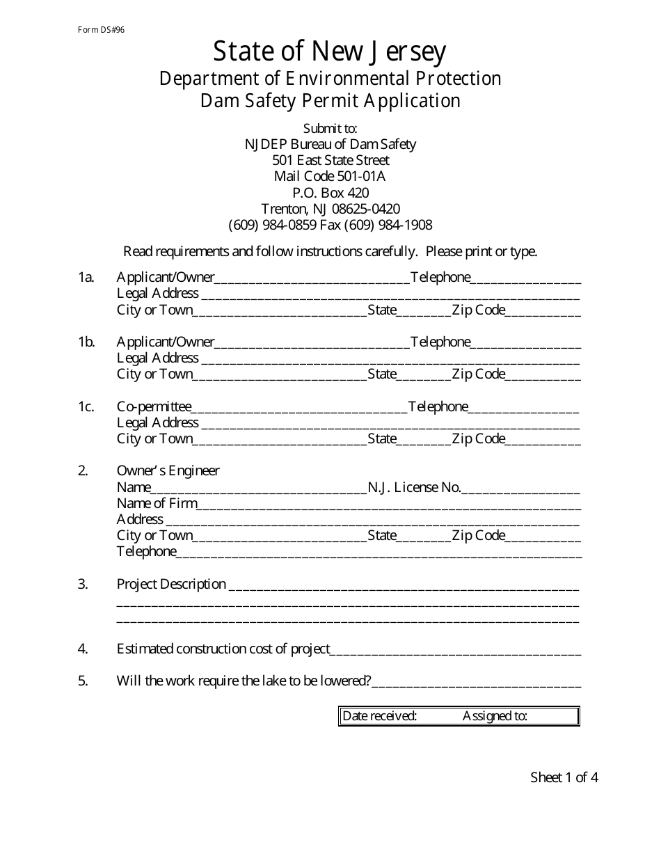 Form DS96 Dam Safety Permit Application - New Jersey, Page 1