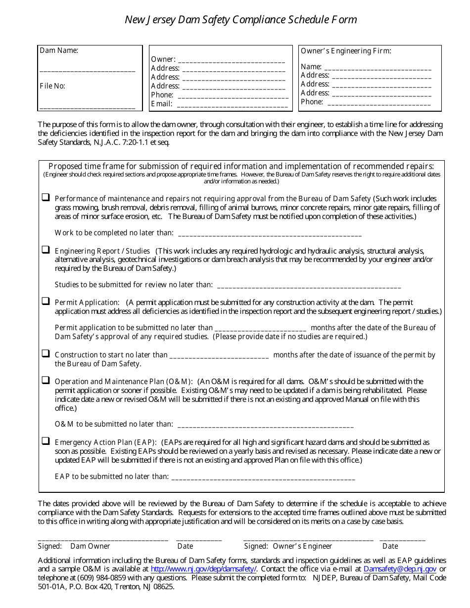 New Jersey Dam Safety Compliance Schedule Form Fill Out, Sign Online