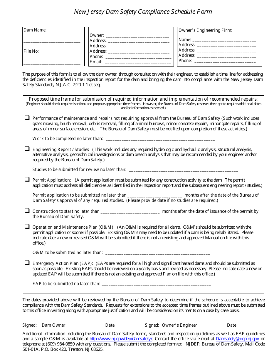 Dam Safety Compliance Schedule Form - New Jersey, Page 1