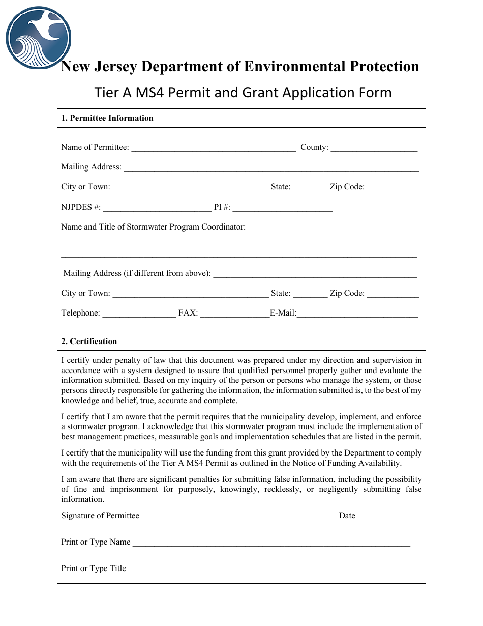 Tier a Ms4 Permit and Grant Application Form - New Jersey, Page 1