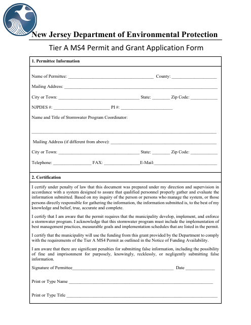 Tier a Ms4 Permit and Grant Application Form - New Jersey Download Pdf