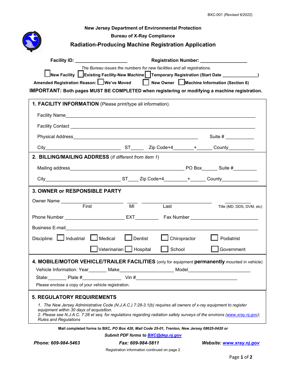 Form BXC-001 Radiation-Producing Machine Registration Application - New Jersey, Page 1