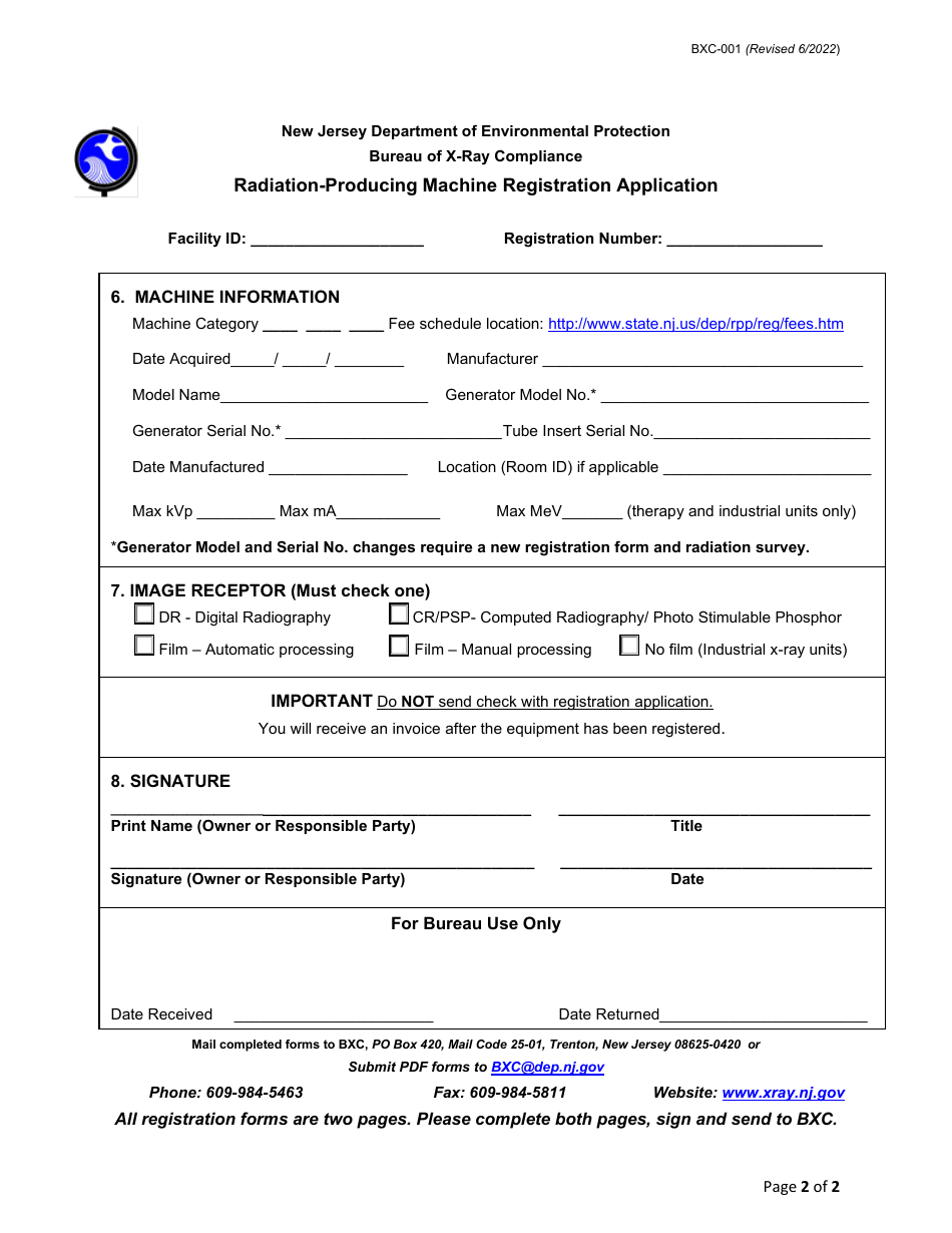 Form BXC-001 Radiation-Producing Machine Registration Application - New Jersey, Page 2