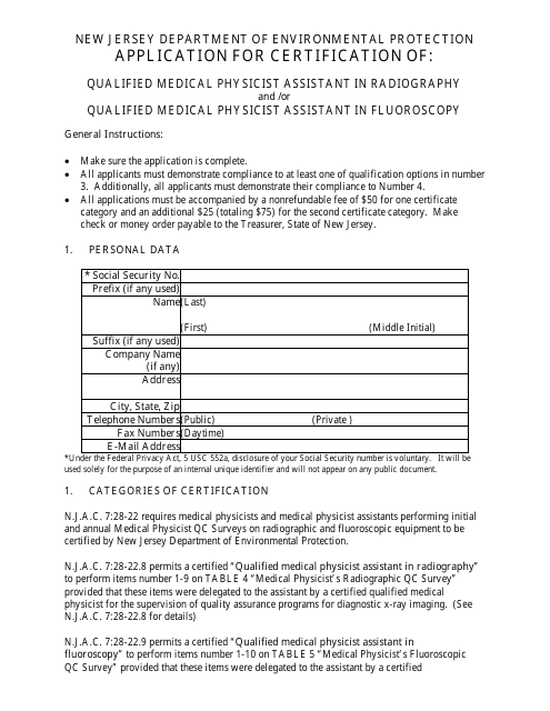 Application for Certification of Qualified Medical Physicist Assistant in Radiography and / Or Qualified Medical Physicist Assistant in Fluoroscopy - New Jersey Download Pdf