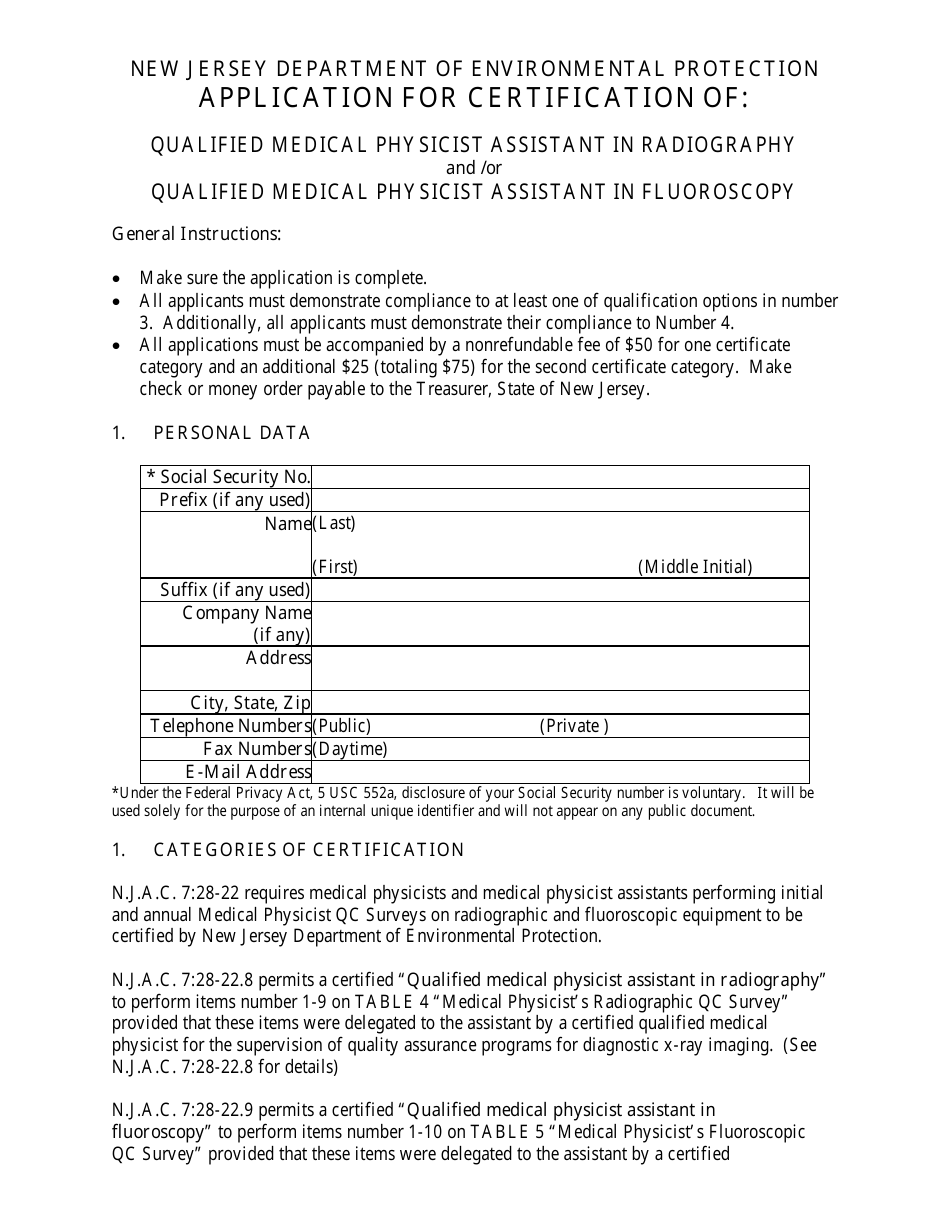 Application for Certification of Qualified Medical Physicist Assistant in Radiography and / Or Qualified Medical Physicist Assistant in Fluoroscopy - New Jersey, Page 1