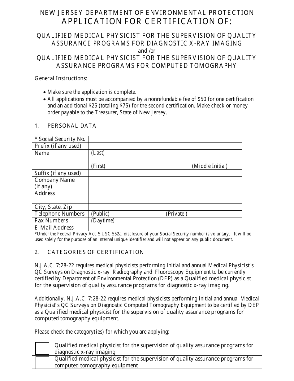 Application for Certification of Qualified Medical Physicist for the Supervision of Quality Assurance Programs for Diagnostic X-Ray Imaging and / Or Qualified Medical Physicist for the Supervision of Quality Assurance Programs for Computed Tomography - New Jersey, Page 1