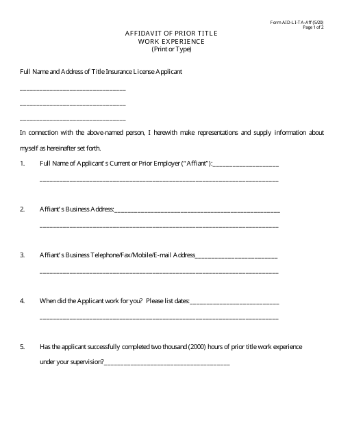 Form AID-LI-TA-AFF Affidavit of Prior Title Work Experience - Arkansas