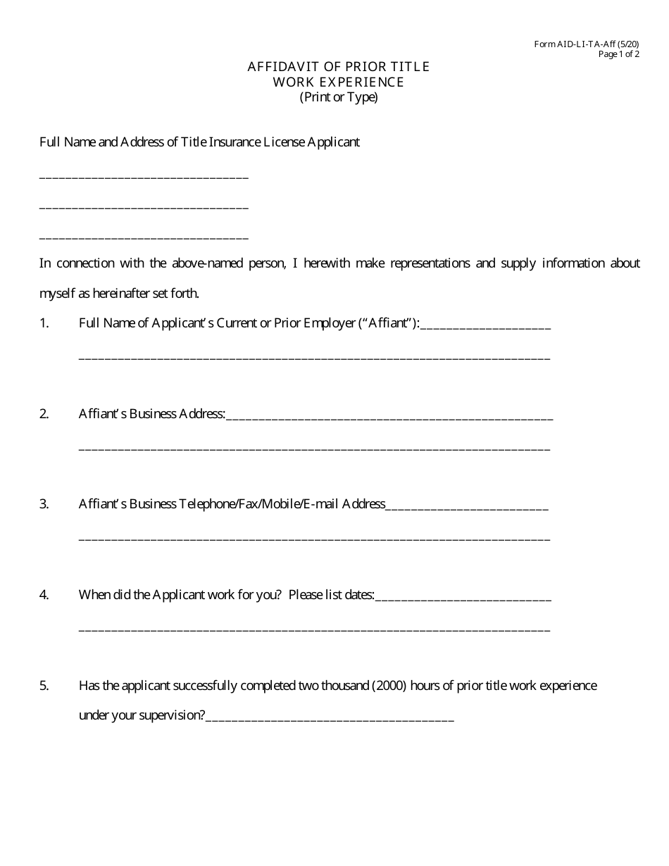 Form AID-LI-TA-AFF Affidavit of Prior Title Work Experience - Arkansas, Page 1