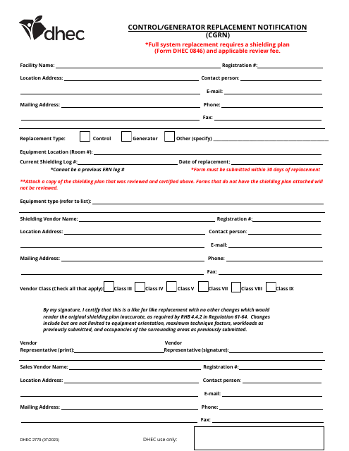 DHEC Form 2779  Printable Pdf
