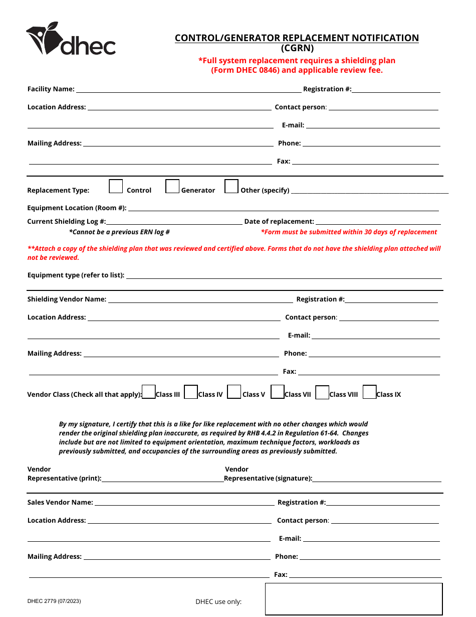 DHEC Form 2779 Control / Generator Replacement Notification (Cgrn) - South Carolina, Page 1
