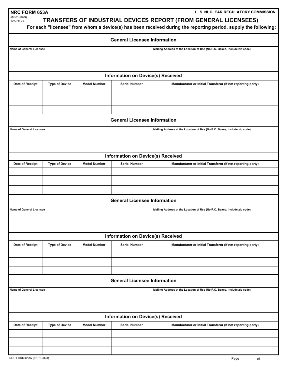 NRC Form 653 Transfers of Industrial Devices Report (To General Licensees), Page 4