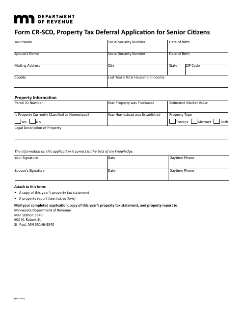 Form CR-SCD Property Tax Deferral Application for Senior Citizens - Minnesota