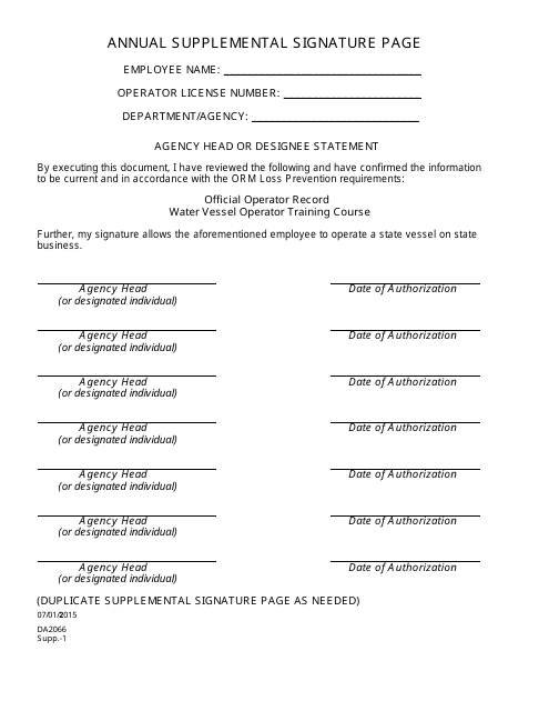 Form DA2066 Supplement 1 Water Vessel Annual Supplemental Signature Page - Louisiana