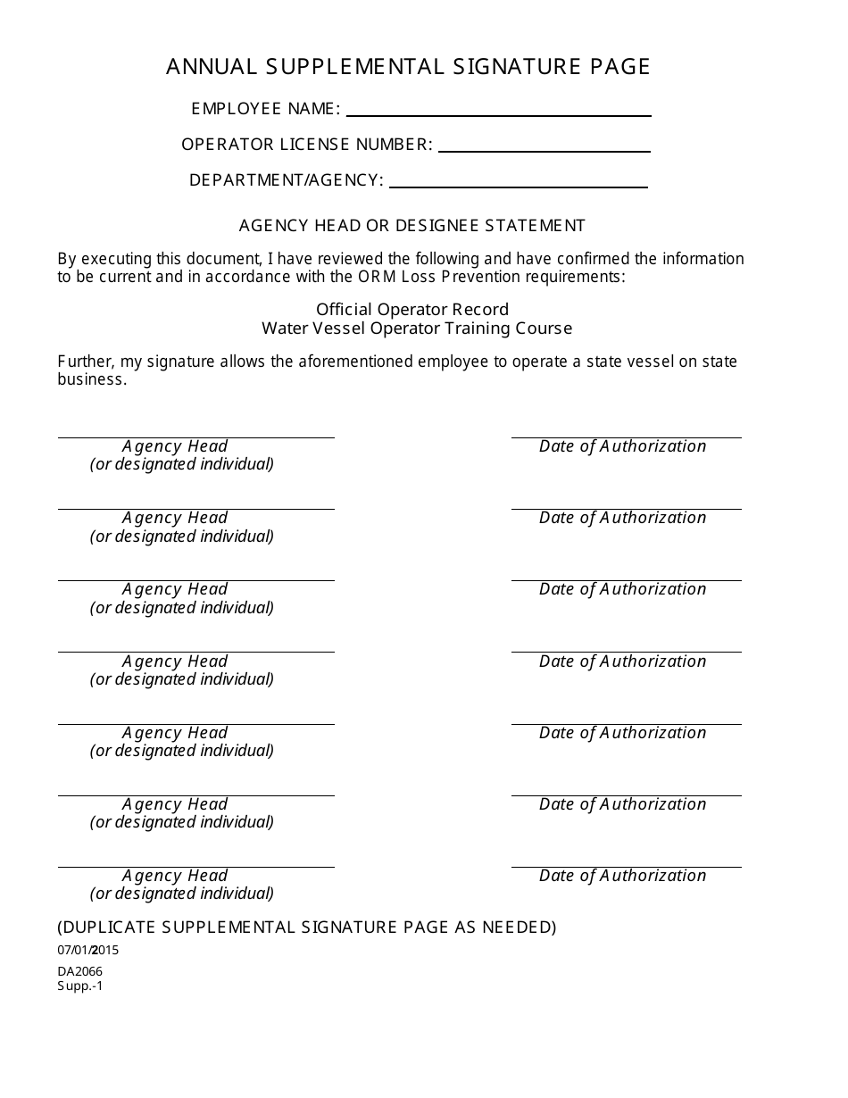 Form DA2066 Supplement 1 Water Vessel Annual Supplemental Signature Page - Louisiana, Page 1
