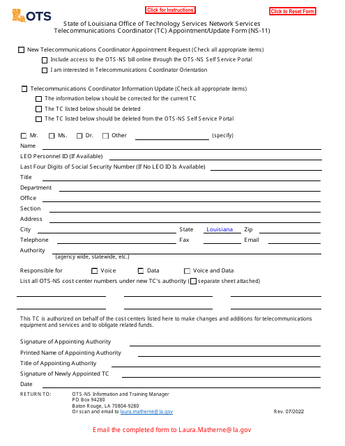 Form NS-11 Telecommunications Coordinator (Tc) Appointment/Update Form - Louisiana