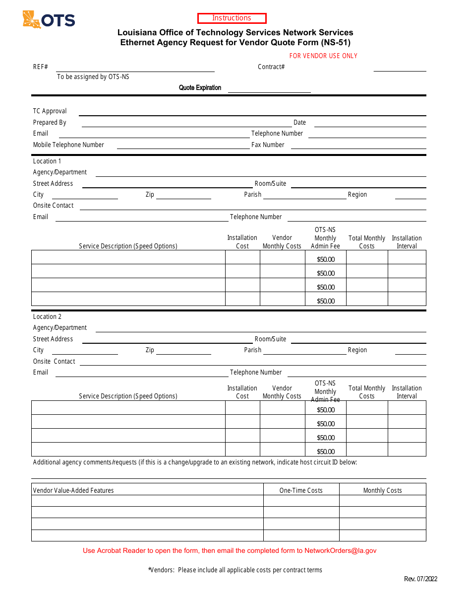 Form NS-51 Ethernet Agency Request for Vendor Quote Form - Louisiana, Page 1