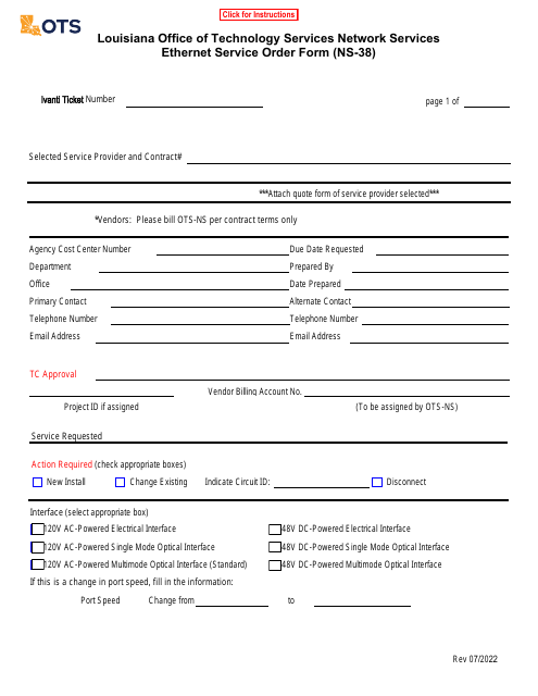 Form NS-38 Ethernet Service Order Form - Louisiana