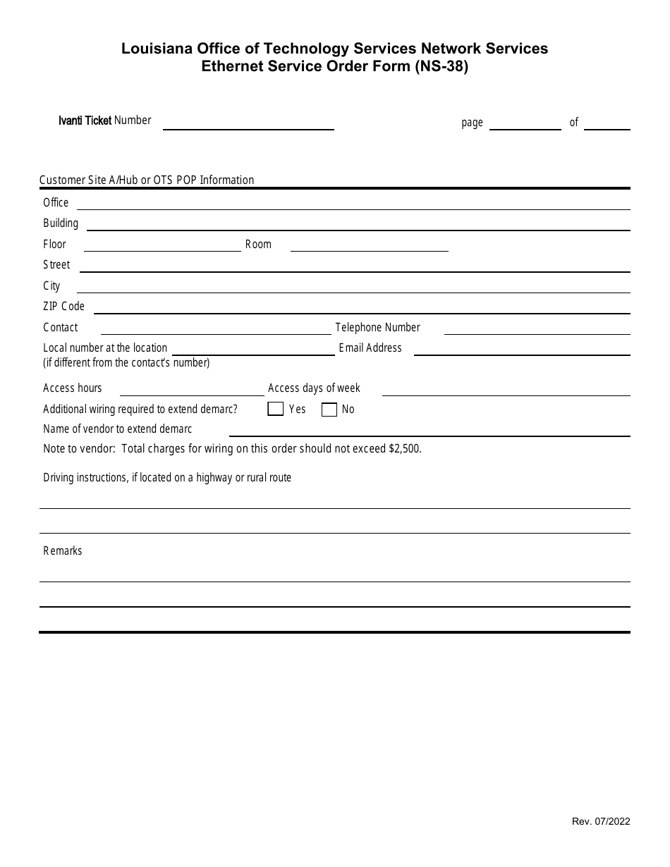 Form NS-38 Ethernet Service Order Form - Louisiana, Page 3