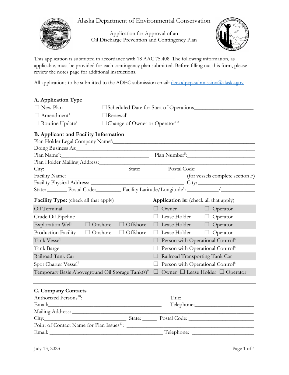 Application for Approval of an Oil Discharge Prevention and Contingency Plan - Alaska, Page 1