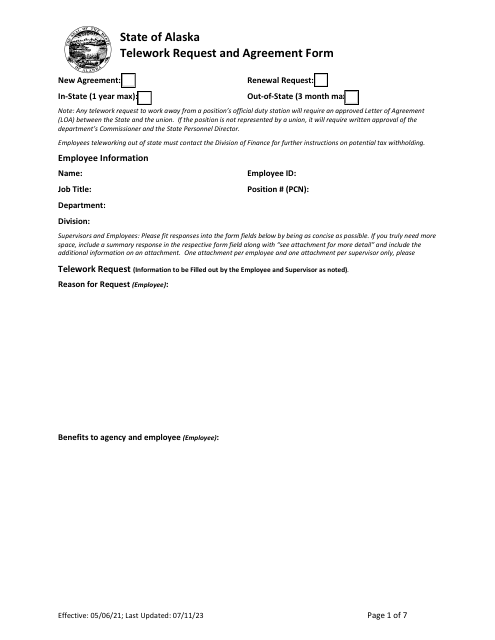 Telework Request and Agreement Form - Alaska Download Pdf