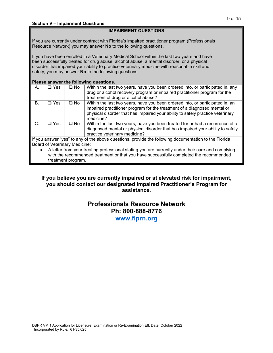 Form DBPR VM1 Application for Licensure: Examination or Re-examination - Florida, Page 10