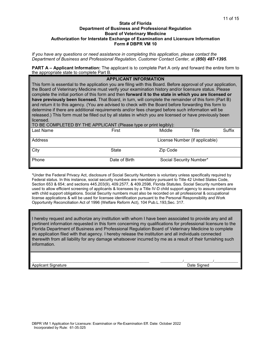 Form DBPR VM1 Application for Licensure: Examination or Re-examination - Florida, Page 12