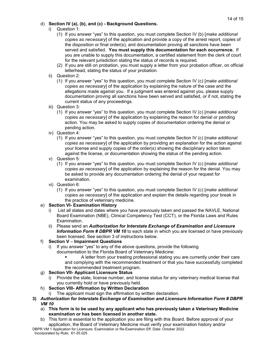 Form DBPR VM1 Application for Licensure: Examination or Re-examination - Florida, Page 15