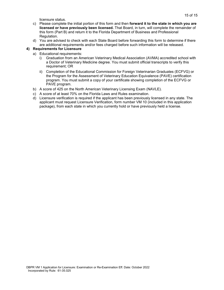 Form DBPR VM1 Application for Licensure: Examination or Re-examination - Florida, Page 16