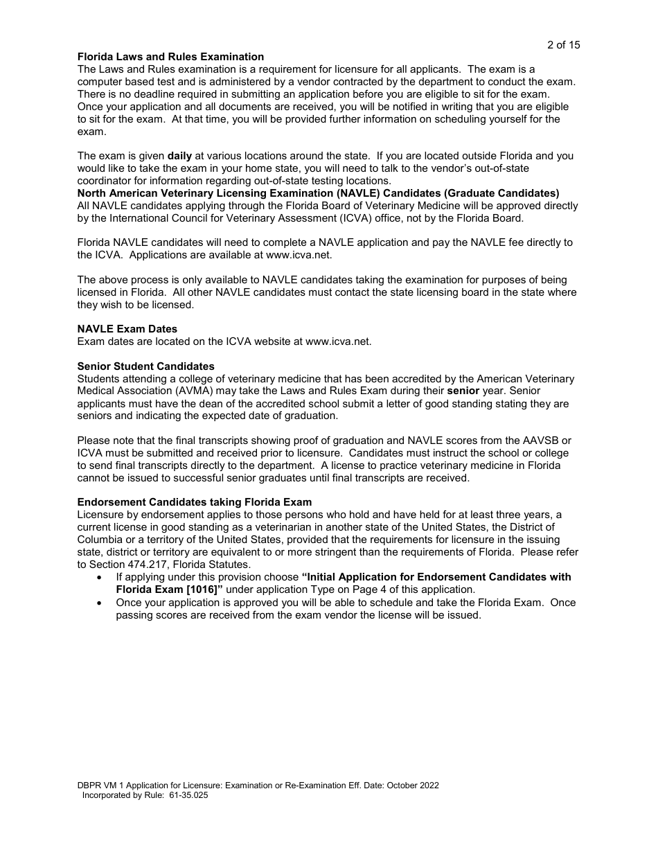 Form DBPR VM1 Application for Licensure: Examination or Re-examination - Florida, Page 3