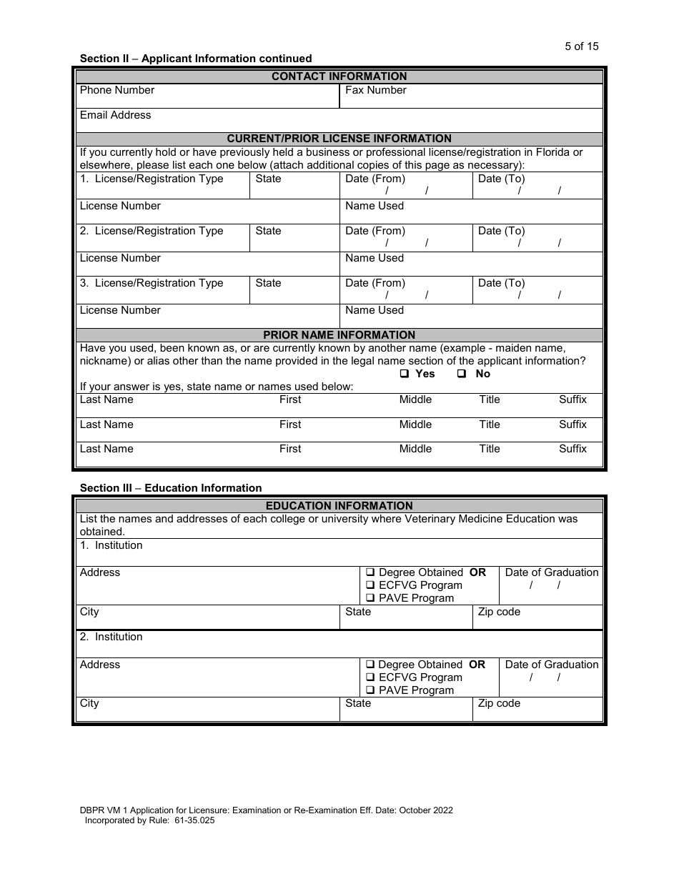 Form DBPR VM1 Application for Licensure: Examination or Re-examination - Florida, Page 6
