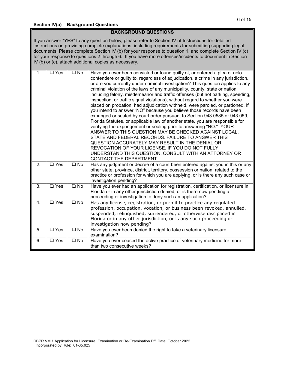 Form DBPR VM1 Application for Licensure: Examination or Re-examination - Florida, Page 7