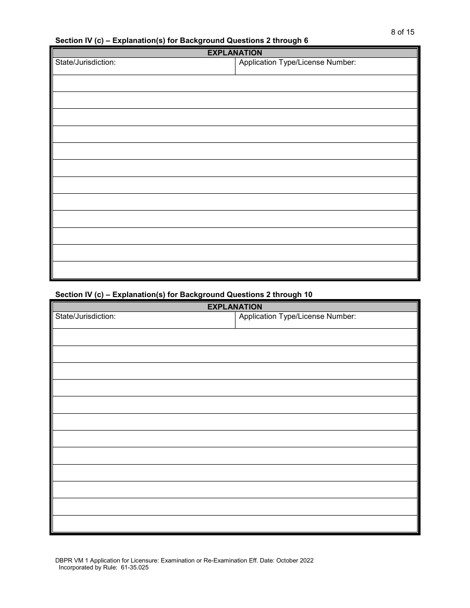 Form DBPR VM1 Application for Licensure: Examination or Re-examination - Florida, Page 9