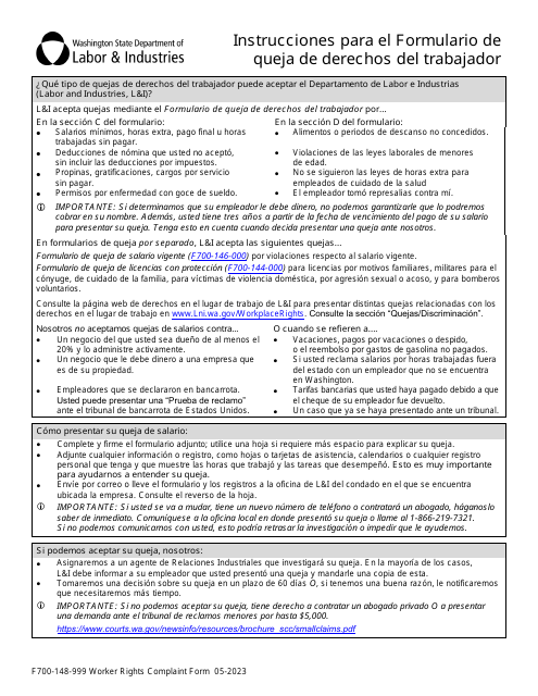 Formulario F700-148-999 Formulario De Queja De Derechos Del Trabajador - Washington (Spanish)