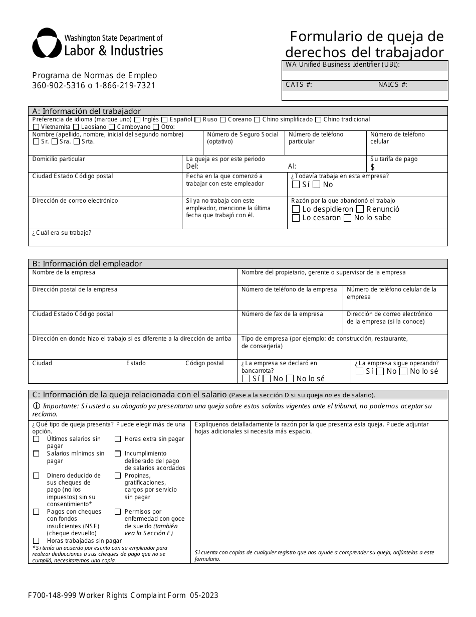 Formulario F700-148-999 Formulario De Queja De Derechos Del Trabajador - Washington (Spanish), Page 3