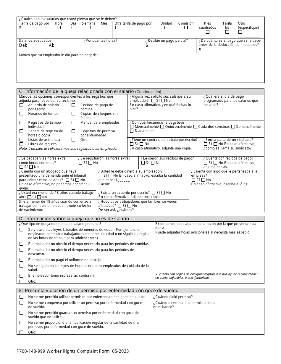 Formulario F700-148-999 Formulario De Queja De Derechos Del Trabajador - Washington (Spanish), Page 4