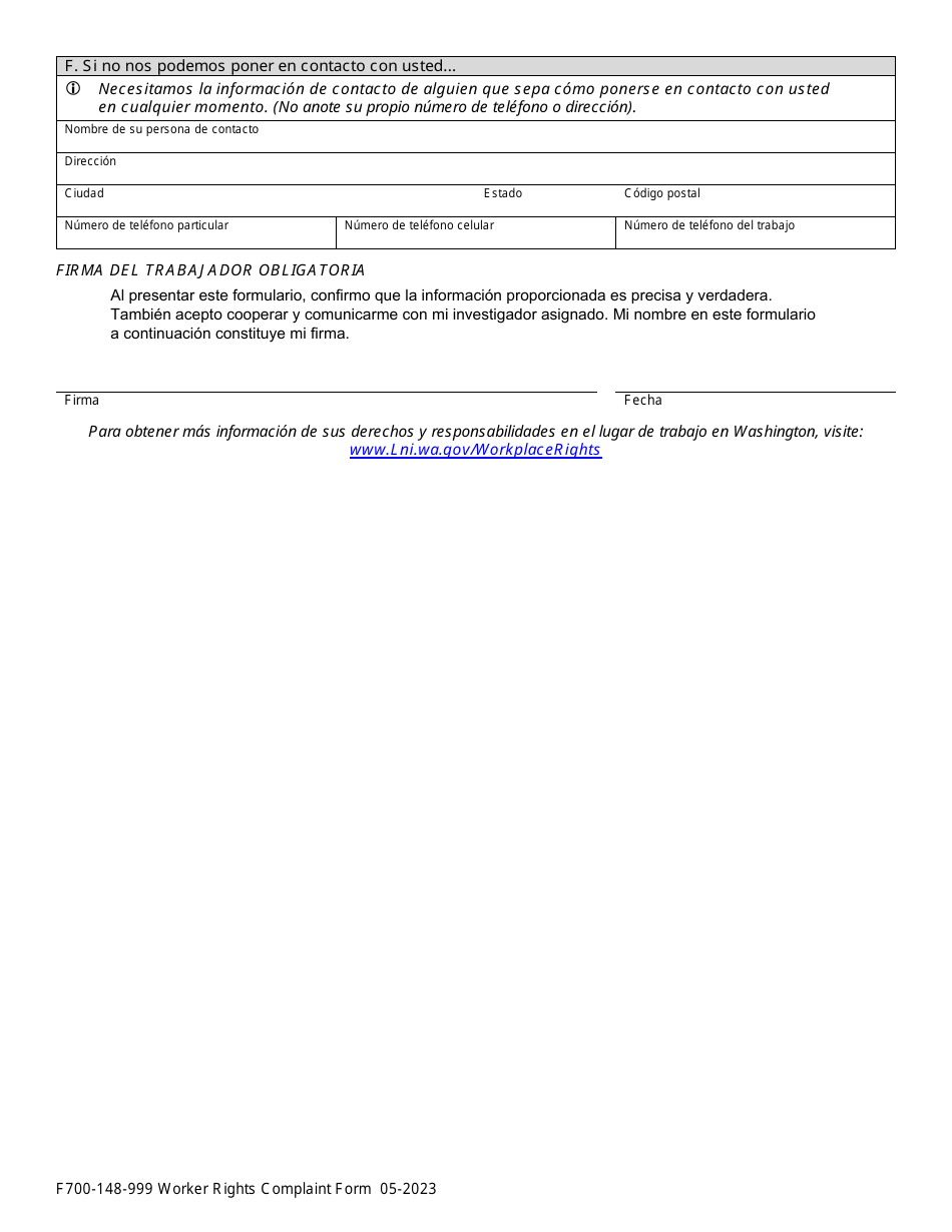 Formulario F700-148-999 Formulario De Queja De Derechos Del Trabajador - Washington (Spanish), Page 5