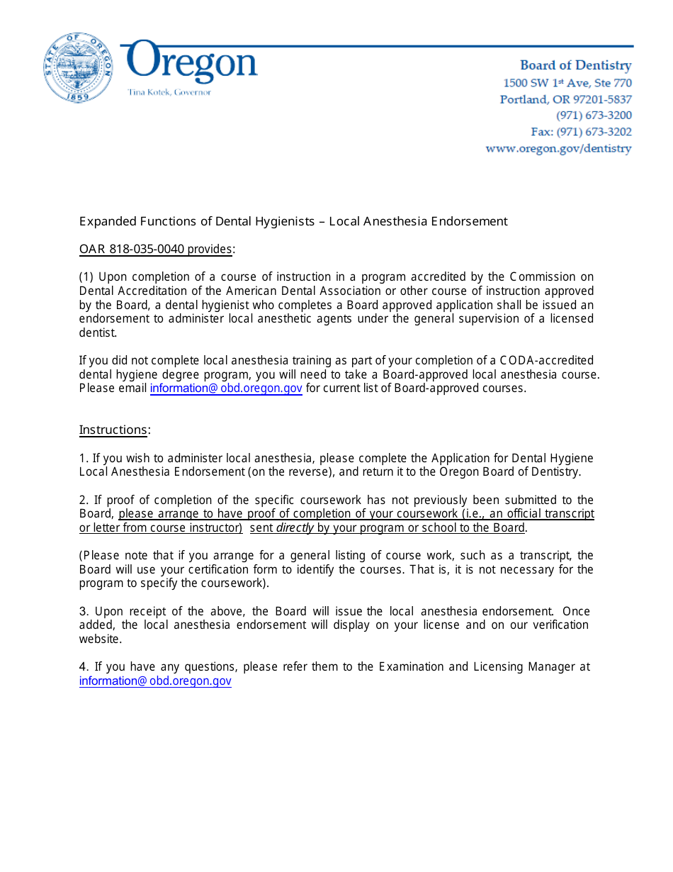 Application for Dental Hygiene Local Anesthesia Endorsement - Oregon, Page 1