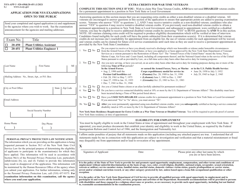 Form NYS-APP-3 #20-450 (NYS-APP-3 #20-451) Application for NYS Examinations Open to the Public - New York
