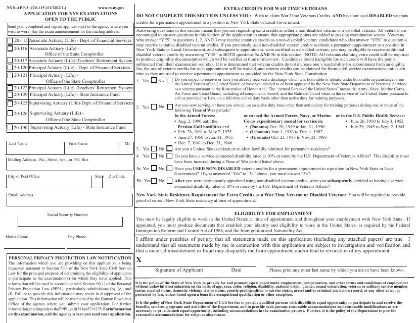 Form NYS-APP-3 #20-115 Application for NYS Examinations Open to the Public - New York