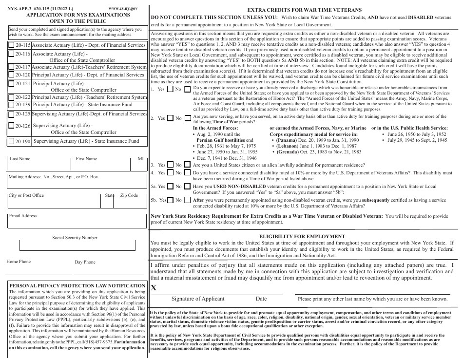 Form NYS-APP-3 #20-115 Application for NYS Examinations Open to the Public - New York, Page 1