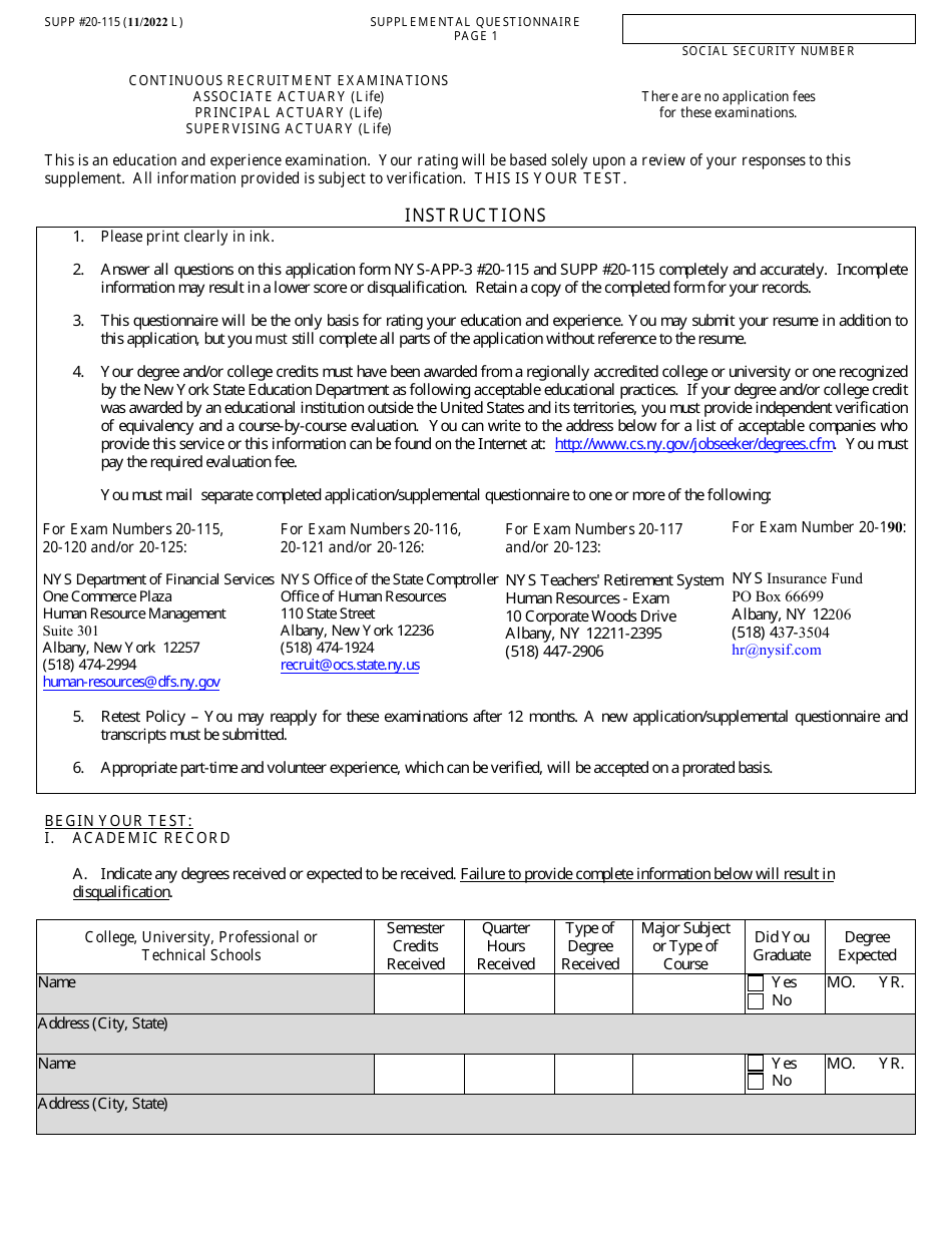 Form NYS-APP-3 #20-115 Application for NYS Examinations Open to the Public - New York, Page 2
