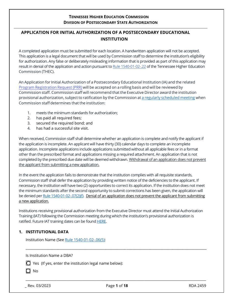 Application for Initial Authorization of a Postsecondary Educational Institution - Tennessee, Page 1