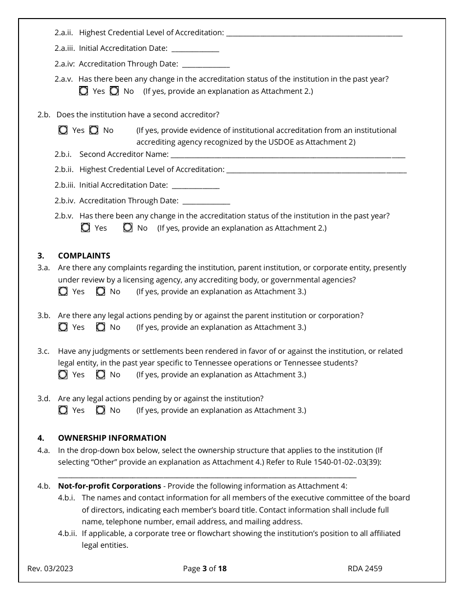 Application for Initial Authorization of a Postsecondary Educational Institution - Tennessee, Page 3