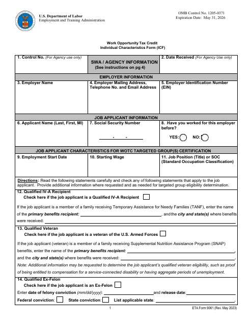 ETA Form 9061 Work Opportunity Tax Credit Individual Characteristics Form (Icf)