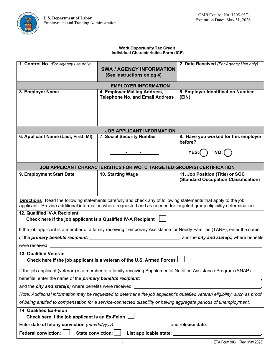 ETA Form 9061 Work Opportunity Tax Credit Individual Characteristics Form (Icf), Page 1