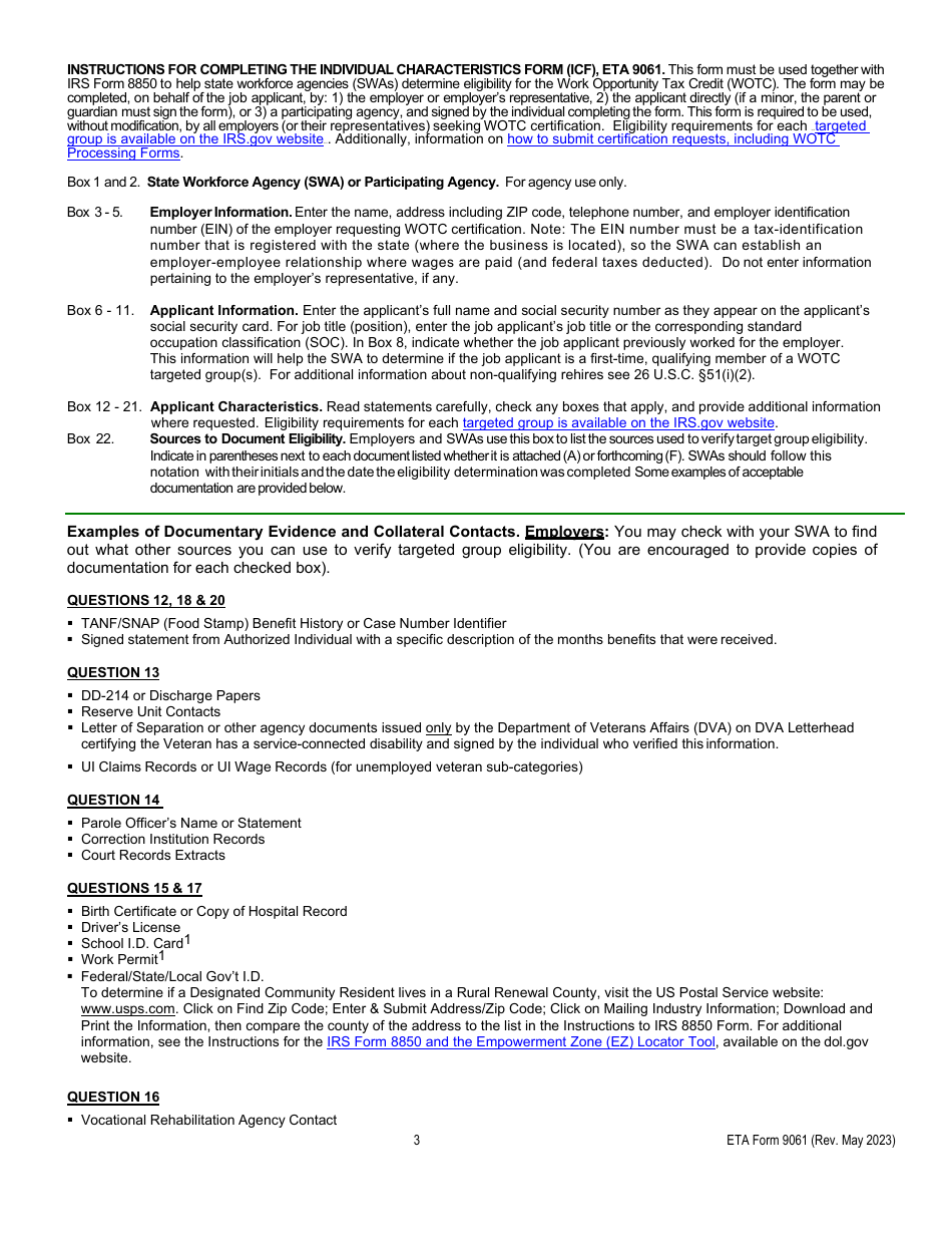 ETA Form 9061 Work Opportunity Tax Credit Individual Characteristics Form (Icf), Page 3