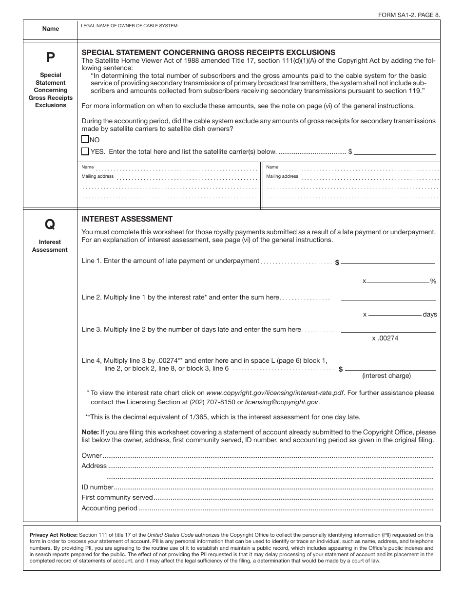 Form SA1-2 Statement of Account for Secondary Transmissions by Cable Systems (Short Form), Page 11