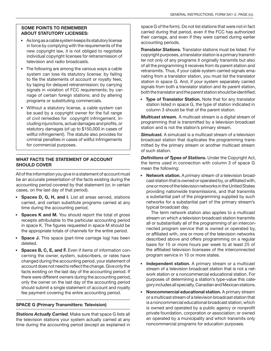 Form SA1-2 Statement of Account for Secondary Transmissions by Cable Systems (Short Form), Page 15