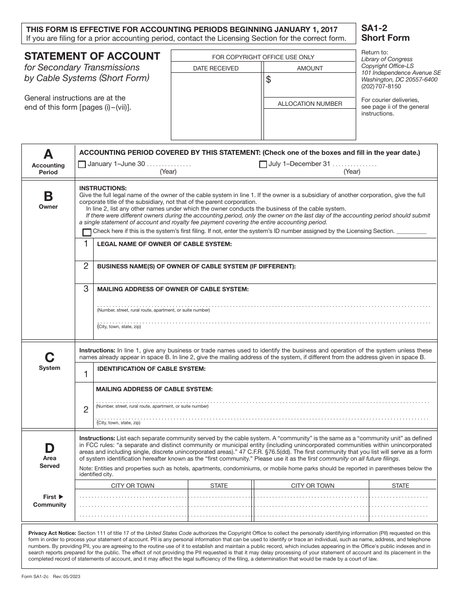 Form SA1-2 Statement of Account for Secondary Transmissions by Cable Systems (Short Form), Page 3