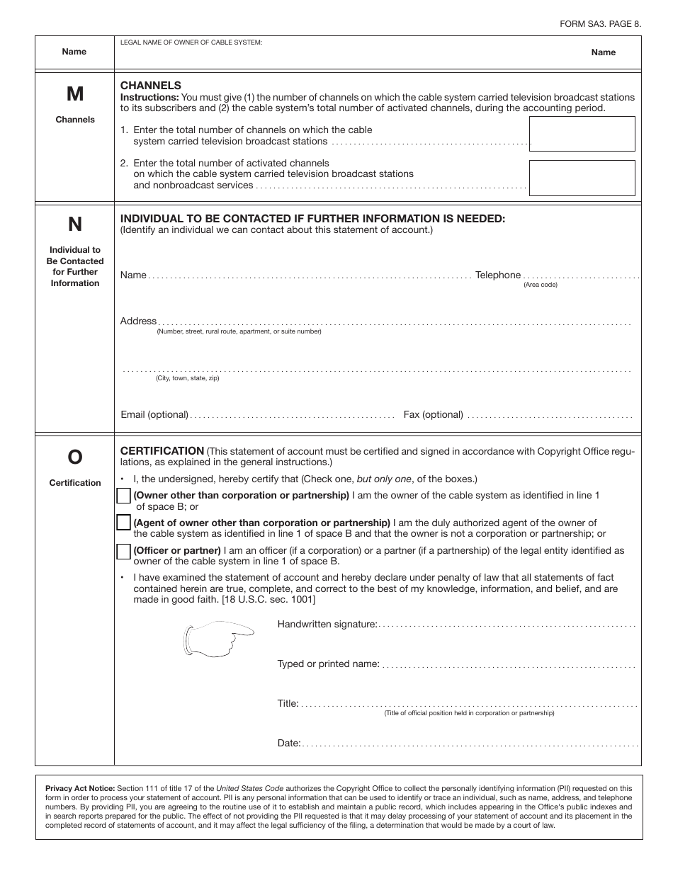 Form SA3 Statement of Account for Secondary Transmissions by Cable Systems (Long Form), Page 11